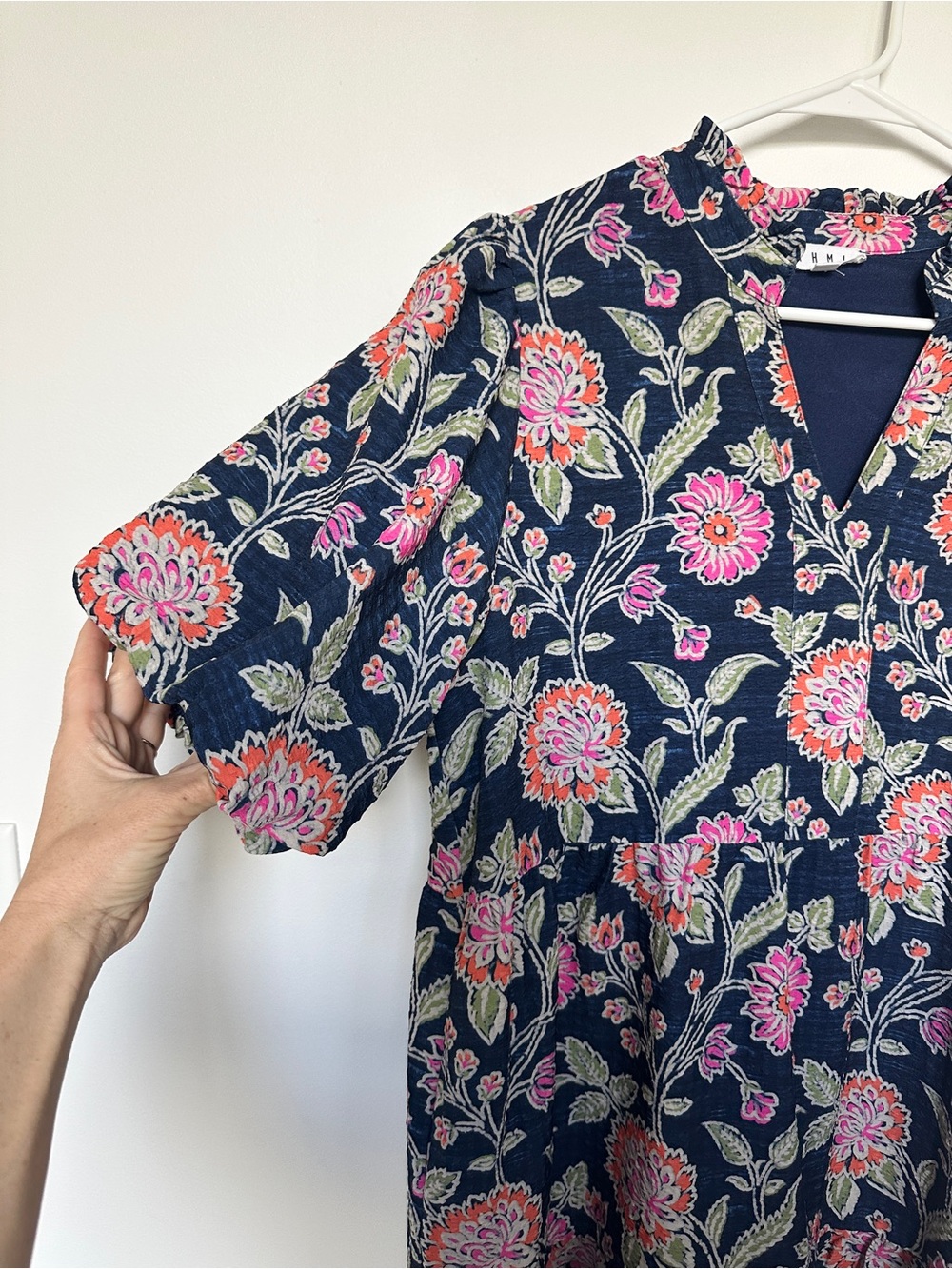 THML Navy Floral Tiered Puff Sleeve Dress with Pink and Orange Blooms - Picture 5 of 12
